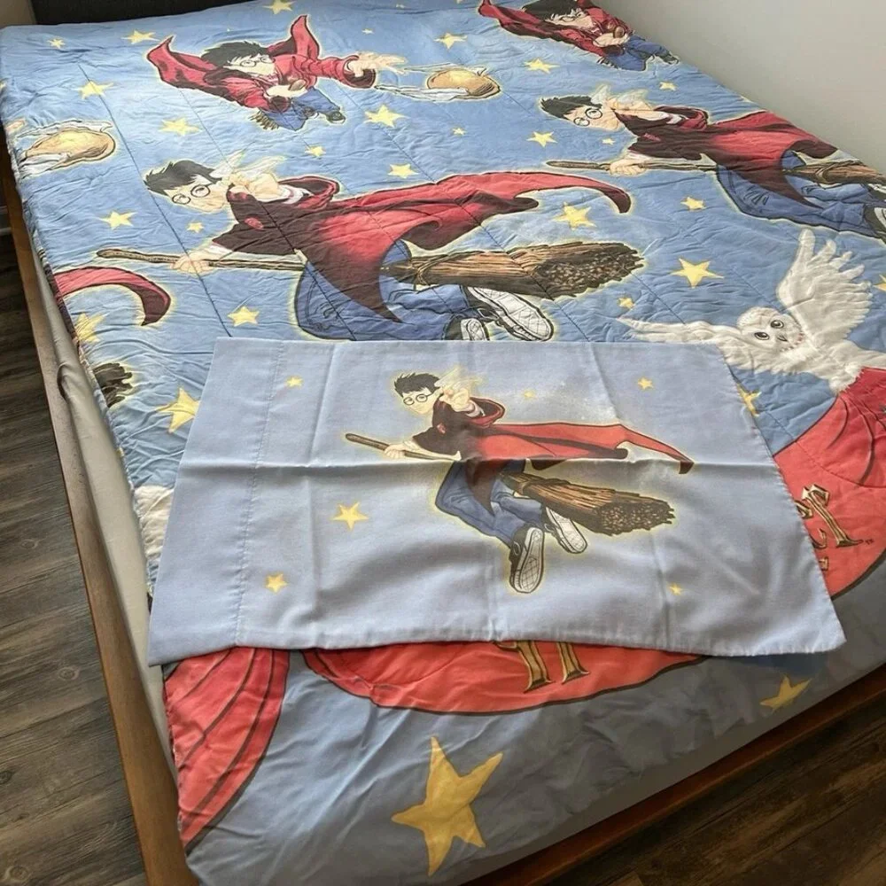 Vtg Harry Potter Quidditch Snitch Hedwig Double Sided Comforter & Pillow Case
